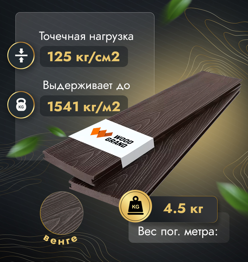Террасная доска полнотелая с тиснением 140x20 мм (МПК) - Венге